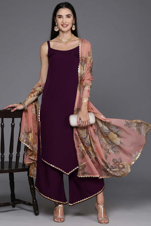 Women's Burgundy Poly Crepe Solid Kurti Set With Dupatta