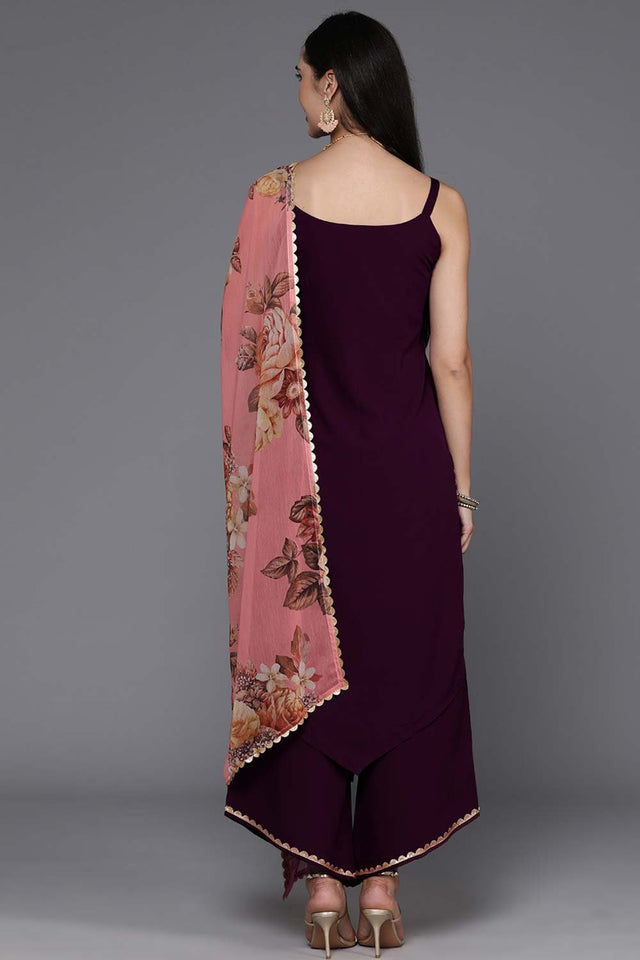 Women's Burgundy Poly Crepe Solid Kurti Set With Dupatta