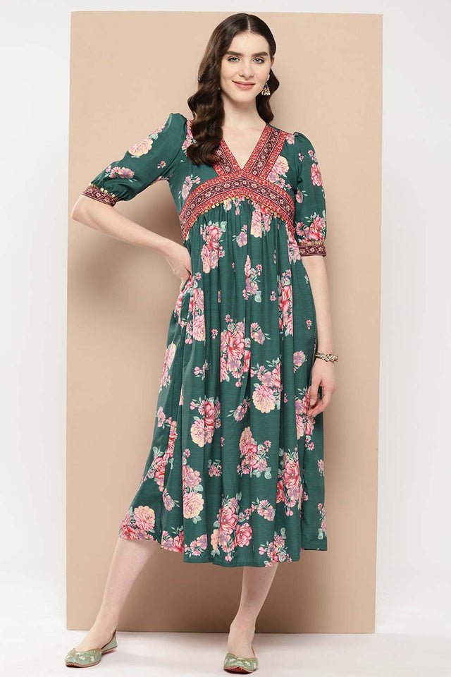 Women's Green Silk Printed Dress