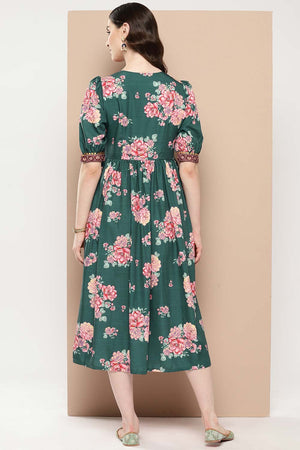 Women's Green Silk Printed Dress