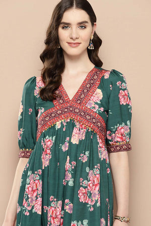 Women's Green Silk Printed Dress