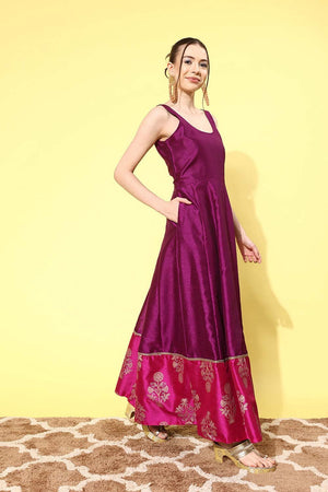 Women's Purple Poly Silk Printed Dress