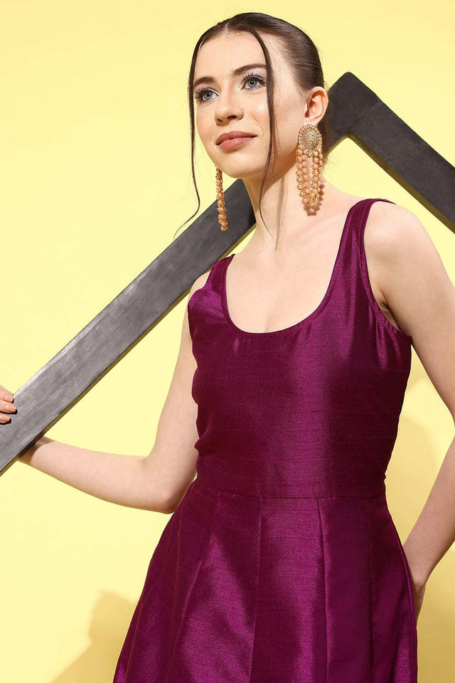 Women's Purple Poly Silk Printed Dress