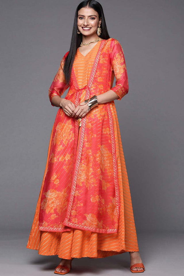 Women's Orange Crepe Printed Dress