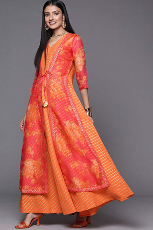 Women's Orange Crepe Printed Dress