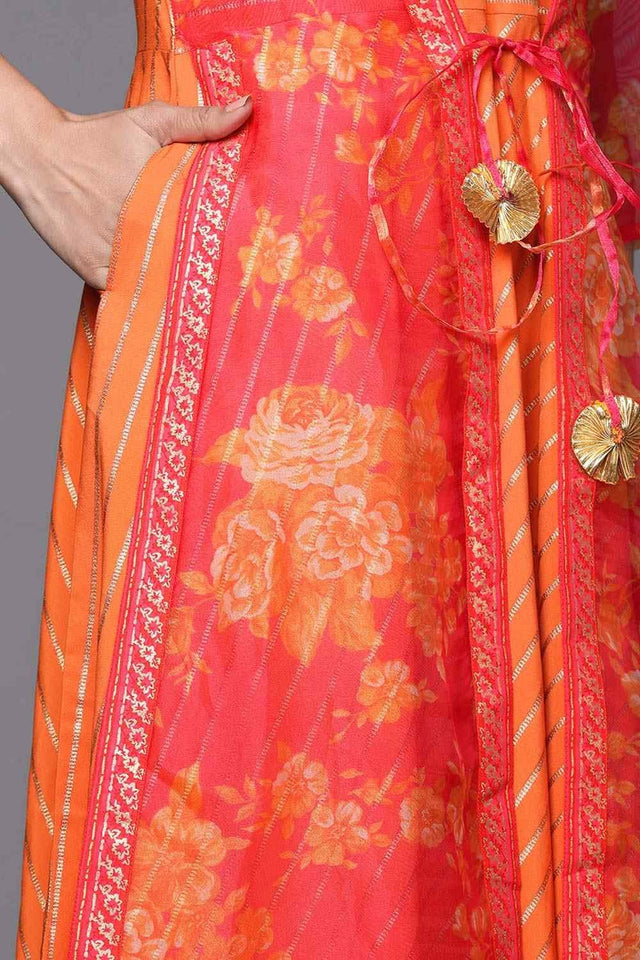 Women's Orange Crepe Printed Dress
