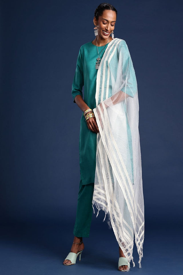 Women's White Silk Blend Dupatta (VTMWWB3I1777)