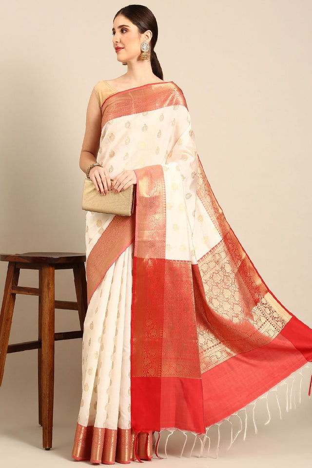 White Silk Blend Saree