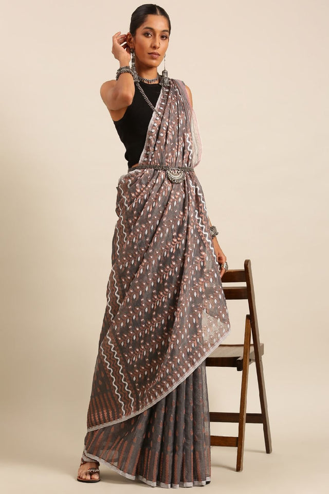 Grey Silk Blend Saree (TOMLLE4B1928)