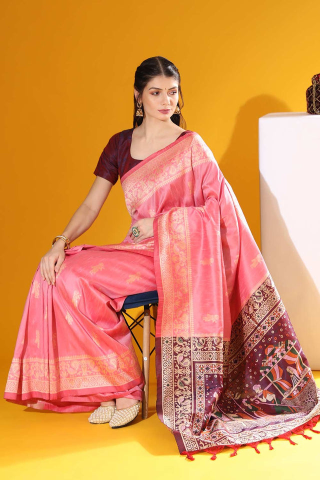 Pink Art Silk Weaving Saree