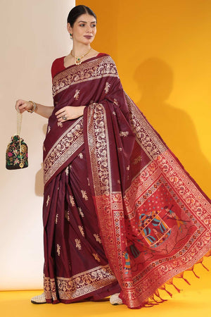Wine Art Silk Weaving Saree