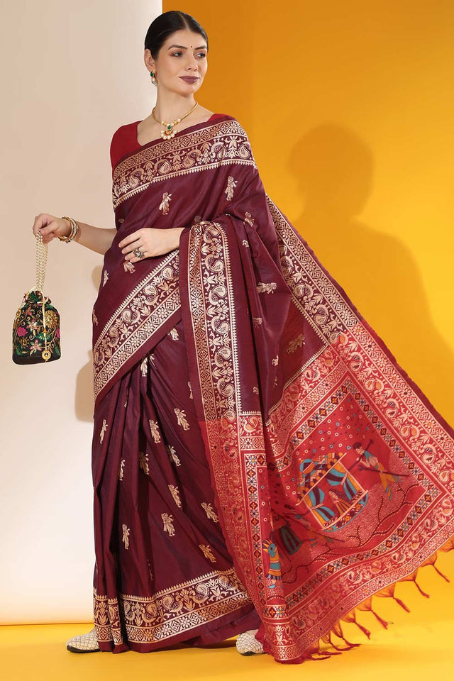 Wine Art Silk Weaving Saree