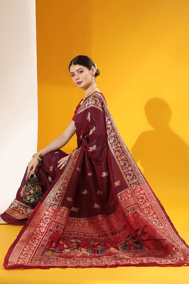 Wine Art Silk Weaving Saree