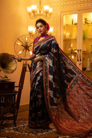 Navy Blue Banarasi Silk Weaving Saree