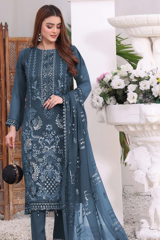 Aqua Blue Embroidered Georgette Pakistani Salwar Suit