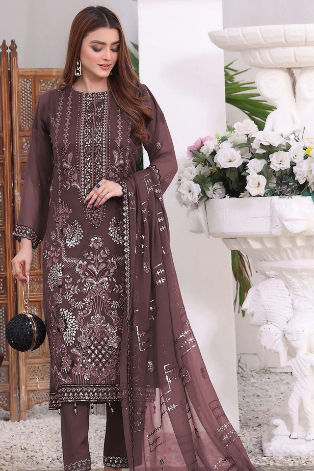 Brown Embroidered Georgette Pakistani Salwar Suit