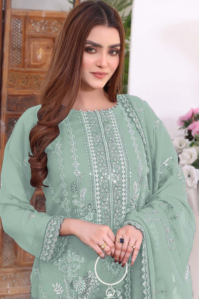 Light Green Embroidered Georgette Pakistani Salwar Suit