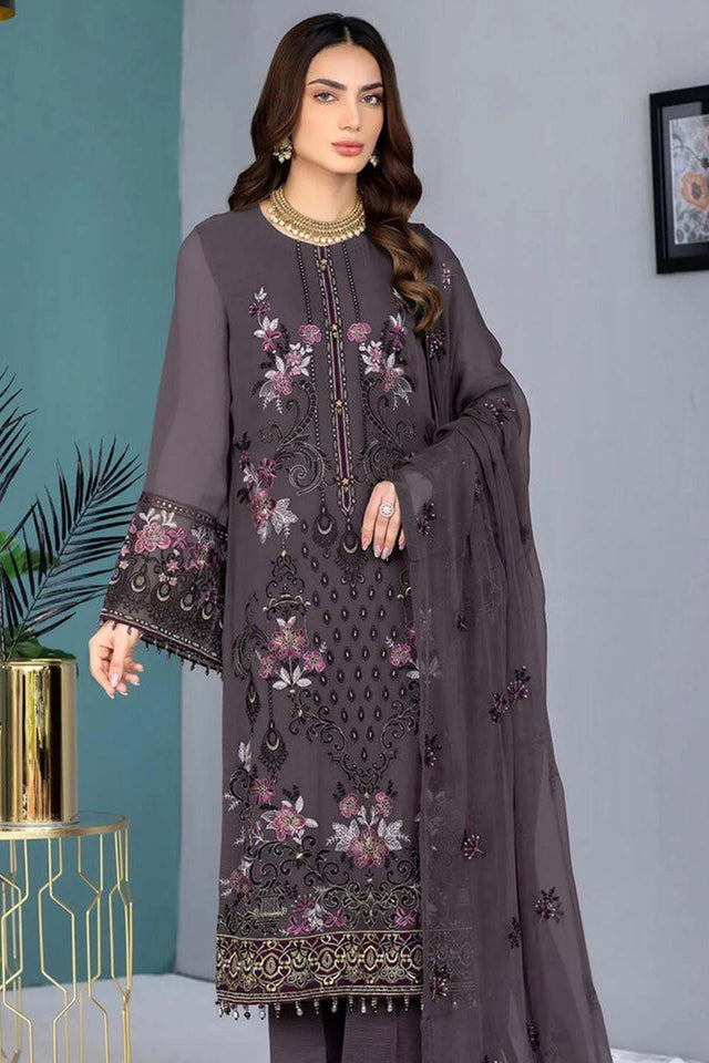 Mauve Embroidered Georgette Pakistani Salwar Suit