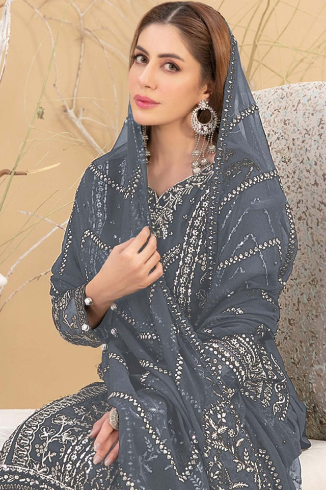 Grey Embroidered Georgette Pakistani Salwar Suit