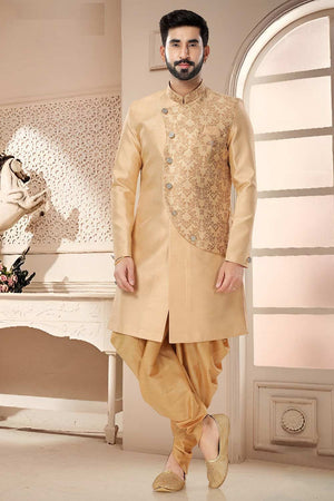 Gold Silk Embroidered Sherwani Set - 38