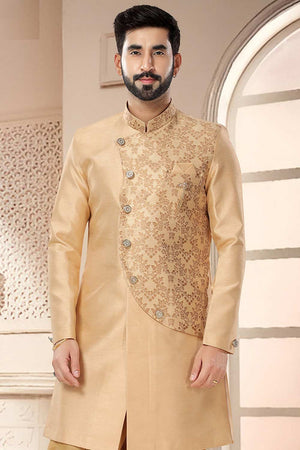 Gold Silk Embroidered Sherwani Set - 38