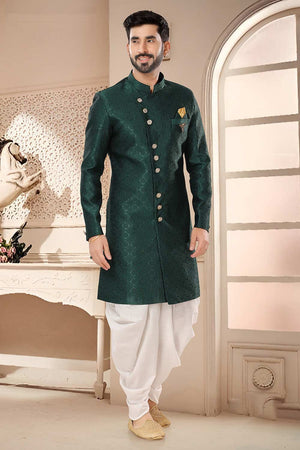 Green Jacquard Embroidered Sherwani Set (Size: 36)