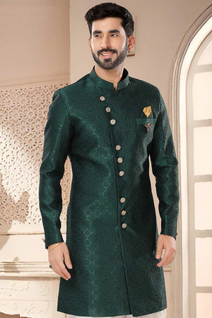 Green Jacquard Embroidered Sherwani Set (Size: 36)