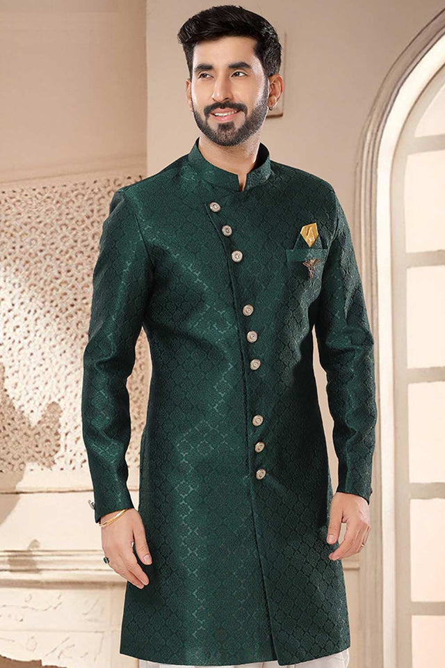 Green Jacquard Embroidered Sherwani Set (Size: 36)