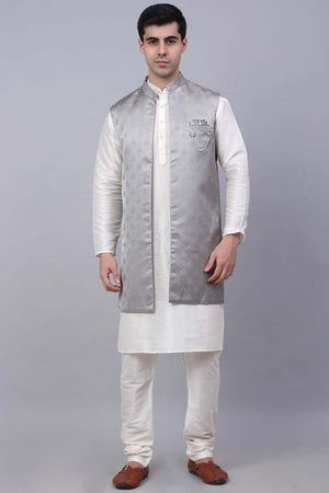 Men's Grey Solid Kurta Pajama With Jacket