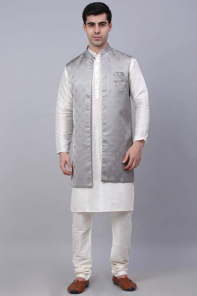 Men's Grey Solid Kurta Pajama With Jacket