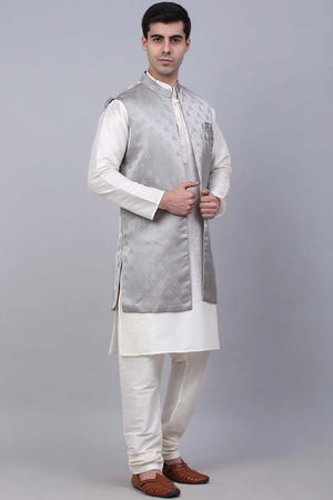 Men's Grey Solid Kurta Pajama With Jacket