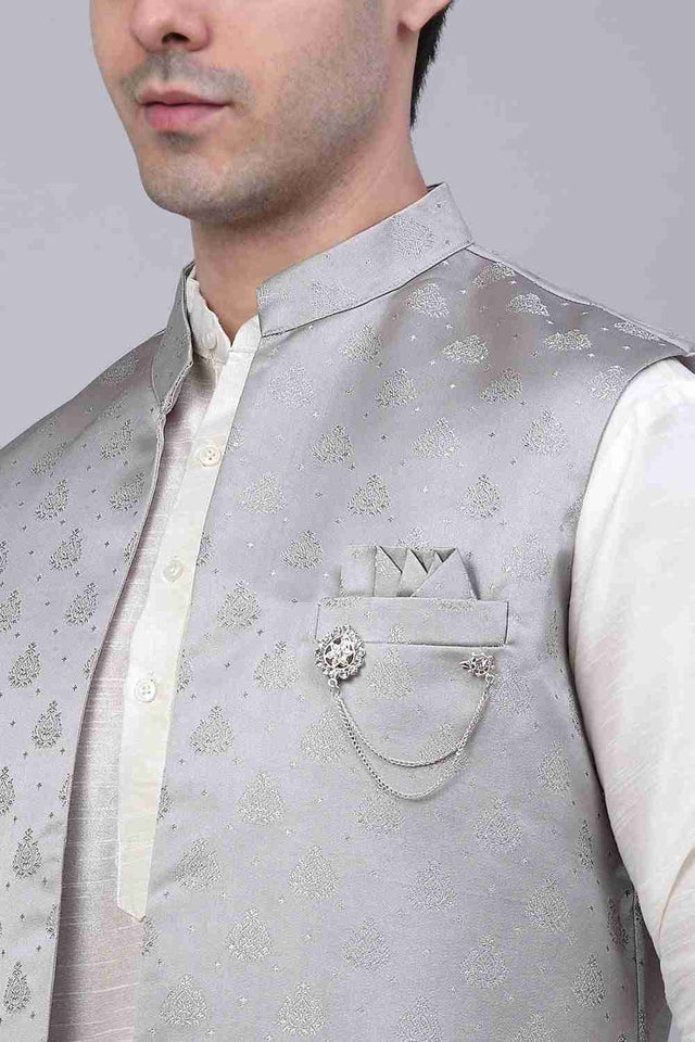 Men's Grey Solid Kurta Pajama With Jacket