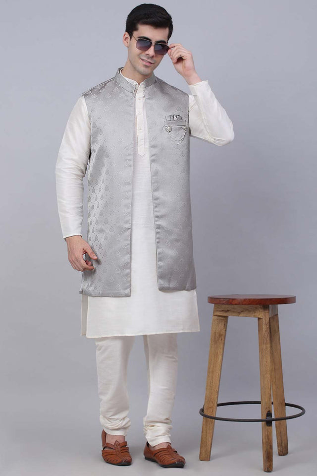 Men's Grey Solid Kurta Pajama With Jacket