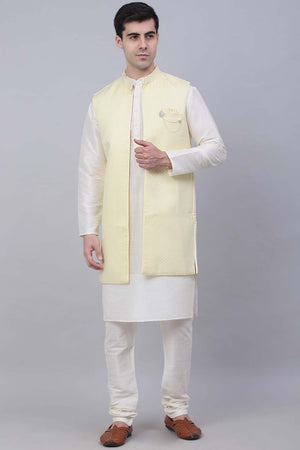 Men's Yellow Solid Kurta Pajama With Jacket