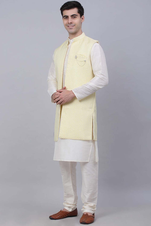 Men's Yellow Solid Kurta Pajama With Jacket