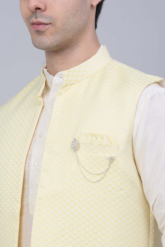 Men's Yellow Solid Kurta Pajama With Jacket