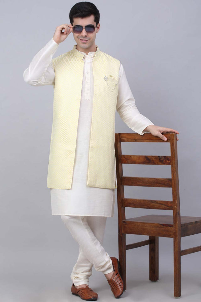 Men's Yellow Solid Kurta Pajama With Jacket