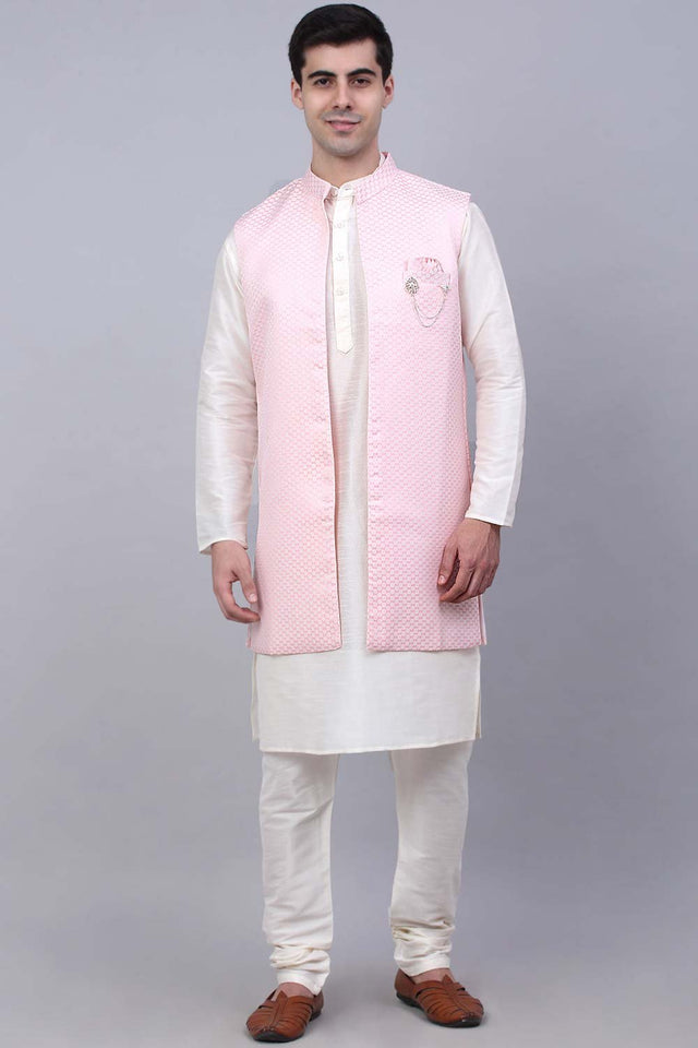 Men's Pink Solid Kurta Pajama With Jacket