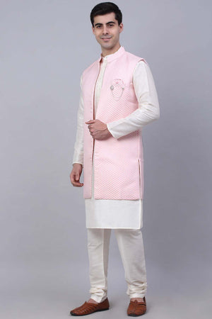 Men's Pink Solid Kurta Pajama With Jacket