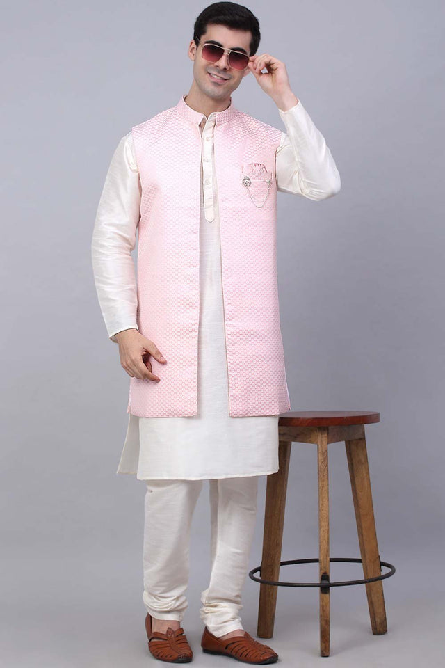 Men's Pink Solid Kurta Pajama With Jacket
