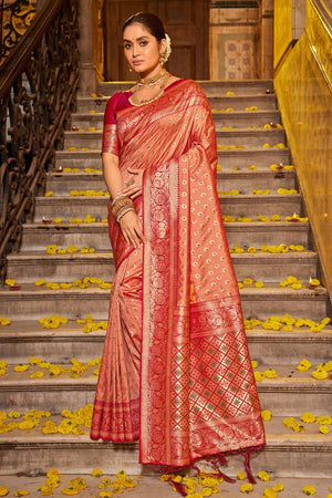Peach Banarasi Silk Woven Saree