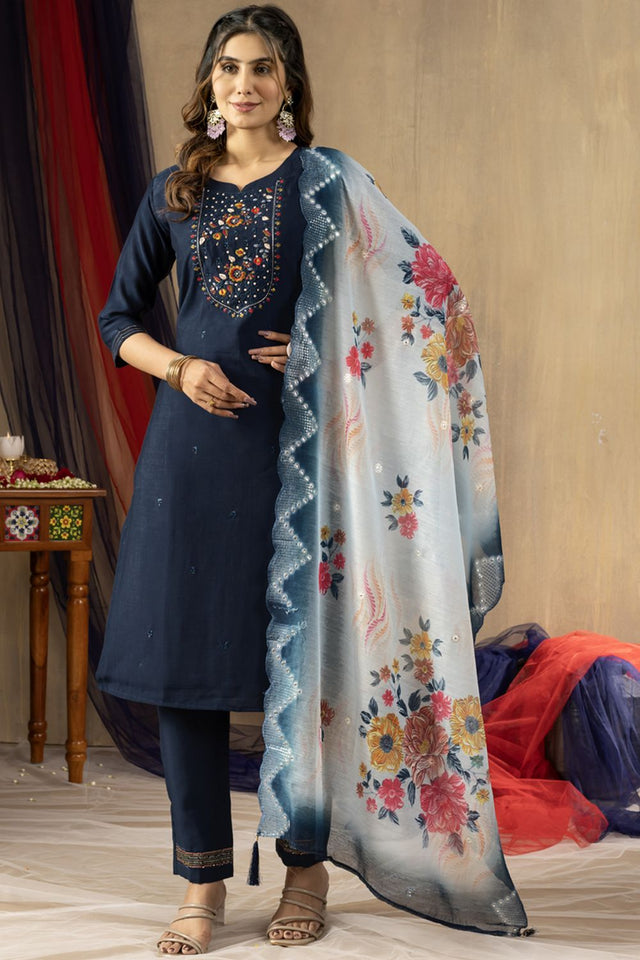 Blue Floral Embroidered Viscose Kurti Pant Set (iva-105)