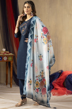 Blue Floral Embroidered Viscose Kurti Pant Set (iva-105)