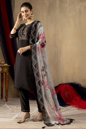 Black Floral Embroidered Silk Kurti Pant Set (iva-108-Black)