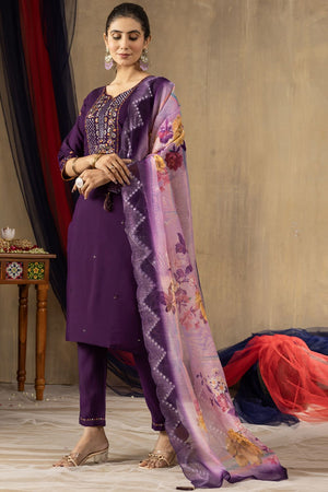 Violet Floral Embroidered Silk Kurti Pant Set (iva-108-Purple)