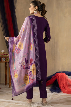 Violet Floral Embroidered Silk Kurti Pant Set (iva-108-Purple)
