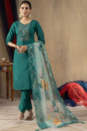 Green Floral Embroidered Silk Kurti Pant Set (iva-108-RamaGreen)