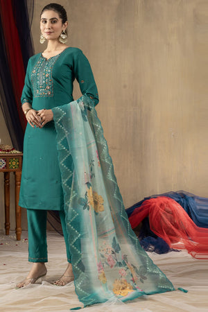 Green Floral Embroidered Silk Kurti Pant Set (iva-108-RamaGreen)