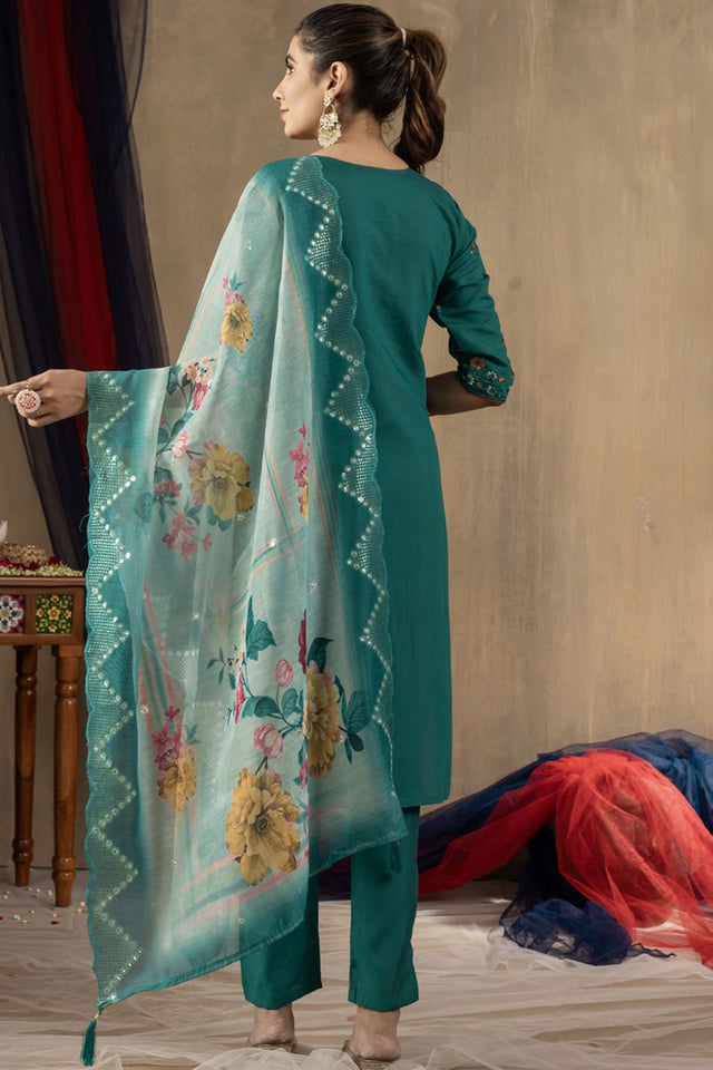 Green Floral Embroidered Silk Kurti Pant Set (iva-108-RamaGreen)