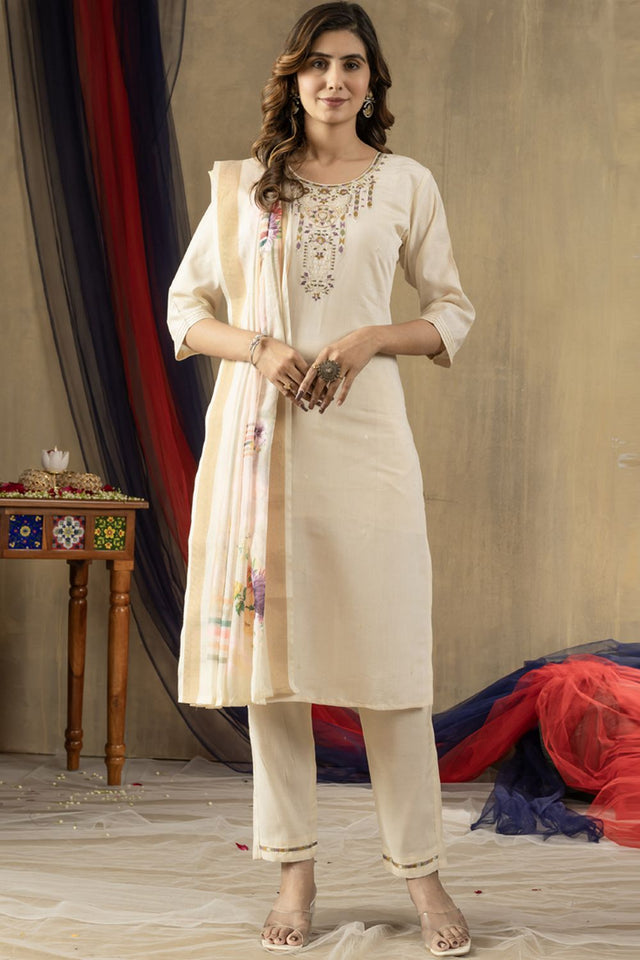 Off White Floral Embroidered Silk Kurti Pant Set (iva-109-OffWhite)